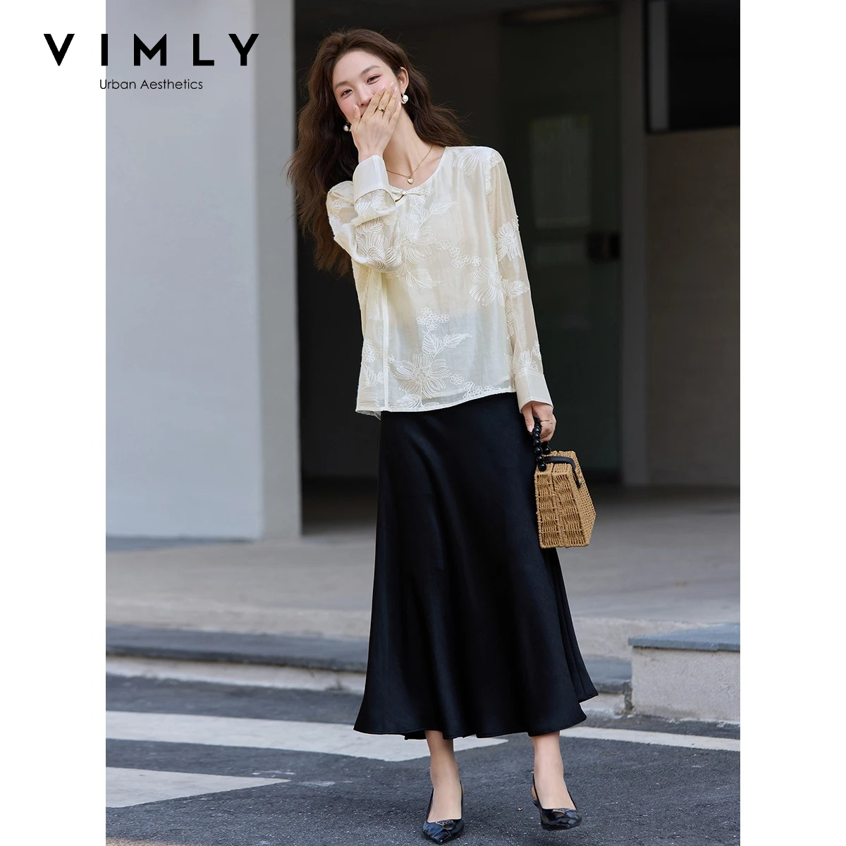 Embroidery On Shirt - VIMLY Camicetta in Chiffon Ricamata Cinese