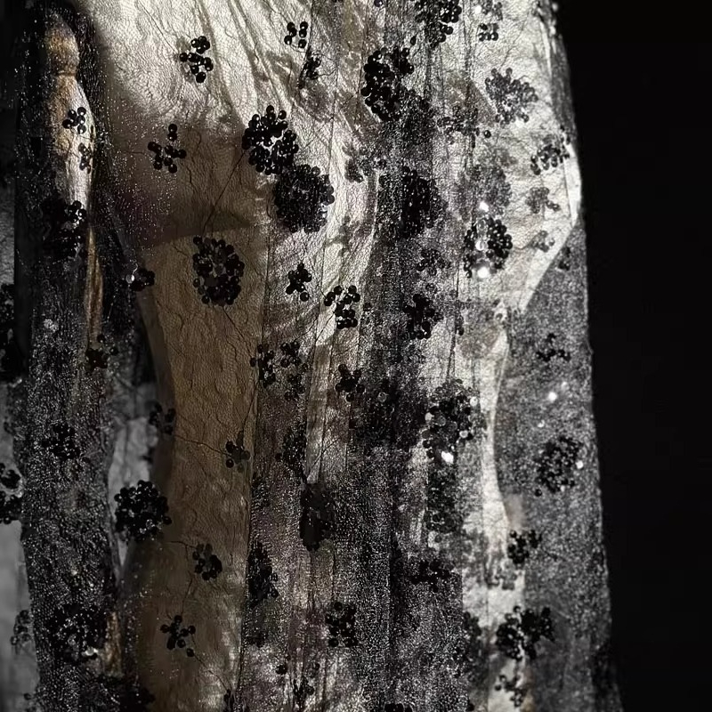 Embroidery Net Fabric - Tessuto di maglia con paillettes ricamate