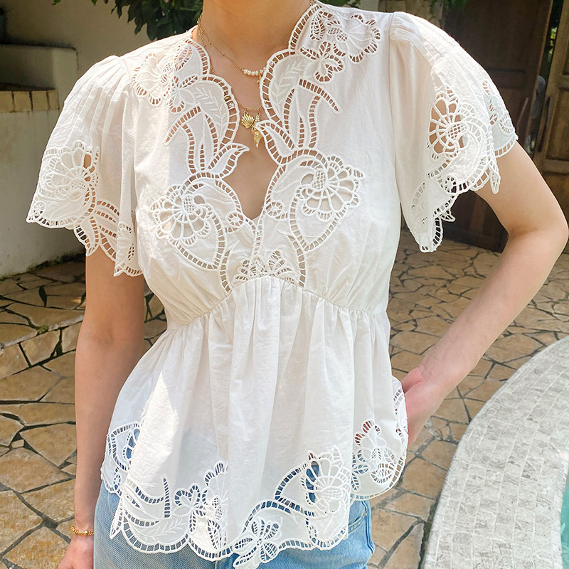Embroidery Eyelet - Camicetta da donna in cotone bianco
