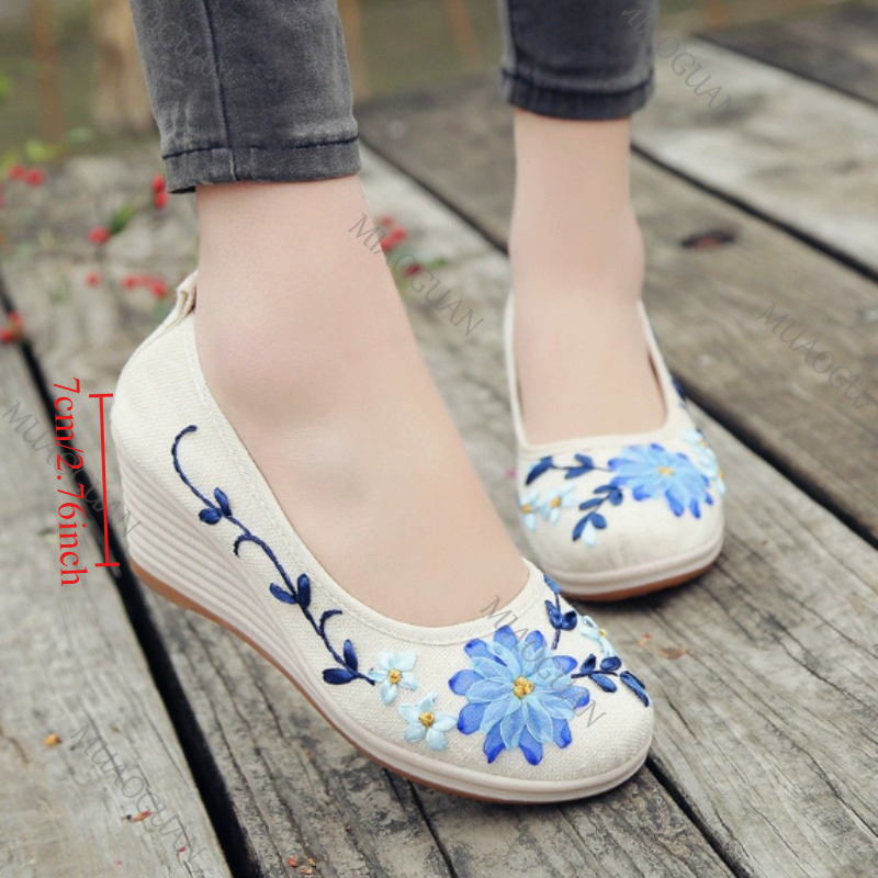 Embroidery Shoes - Scarpe con Zeppa Ricamate da Donna,