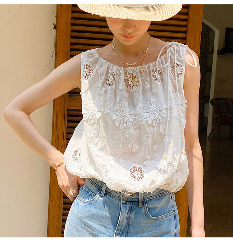 Embroidery Eyelet - Camicetta Ricamata Stile Boho Francese, Bianca