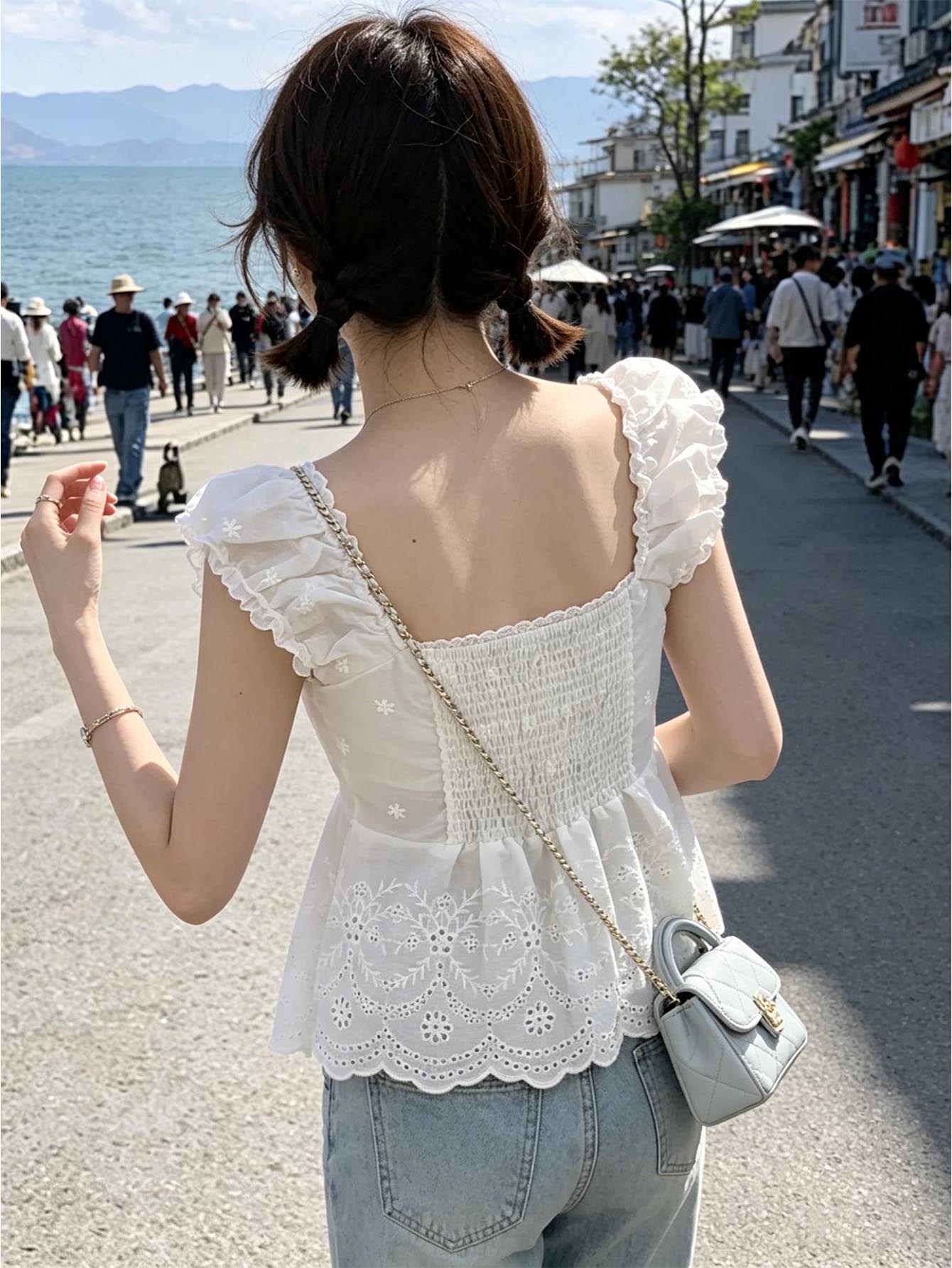Top corto bianco con ricamo fl - Embroidery Eyelet recensione e prezzo